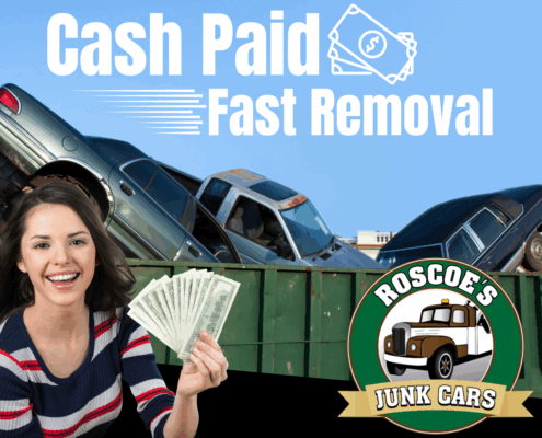 cash paid fast removal in fredericksburg va girl holding cash in front of a dumpster full of junk cars with the roscoes junk cars logo